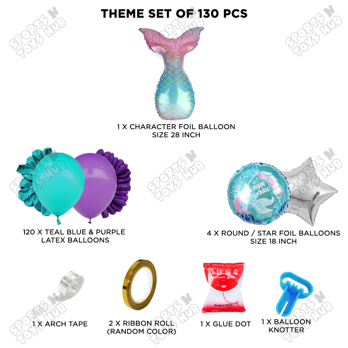 Teal Blue & Purple Color Balloon Arch Garland Theme Kits With Cartoon Mer-maId Tail Foil Set - 130 Pcs