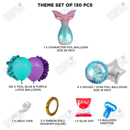 Teal Blue & Purple Color Balloon Arch Garland Theme Kits With Cartoon Mer-maId Tail Foil Set - 130 Pcs
