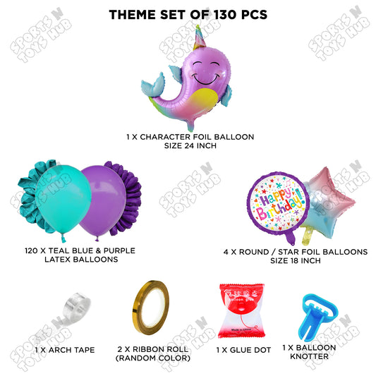 Teal Blue & Purple Color Balloon Arch Garland Theme Kits With Nar Whale Foil Set - 130 Pcs