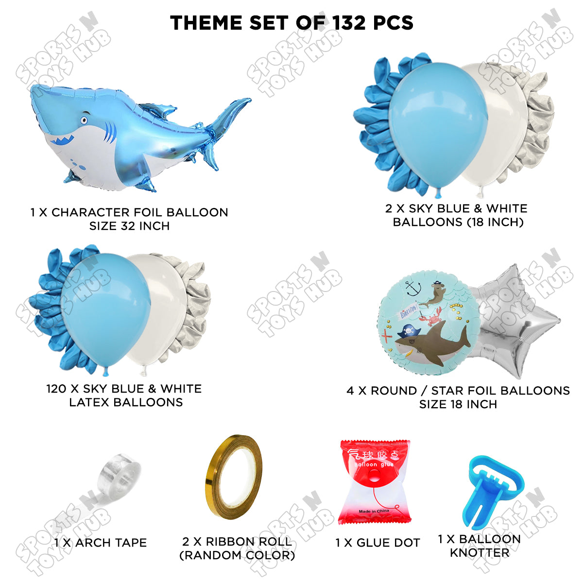 Sky Blue & White Color Balloon Arch Garland Theme Kits With Shark Foil Set - 132 Pcs