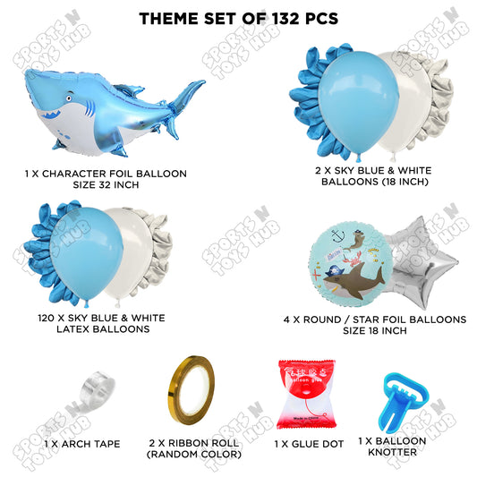 Sky Blue & White Color Balloon Arch Garland Theme Kits With Shark Foil Set - 132 Pcs