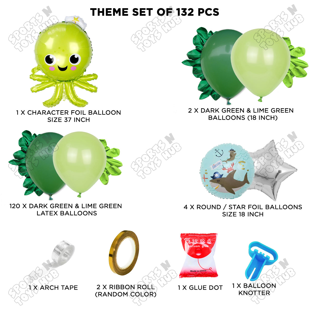 Dark Green & Lime Green Color Balloon Arch Garland Theme Kits With Shark Foil Set - 132 Pcs