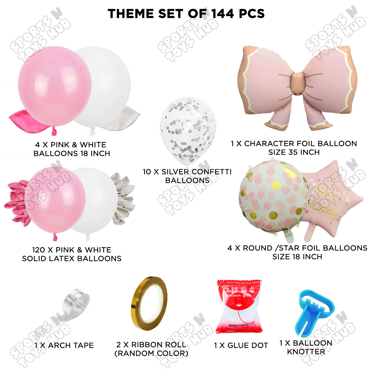 Pastel Pink & White Latex Balloons with Confetti & Bow Foil Balloon Arch Set – Baby Girl Birthday, Baby Shower, Princess Theme, Balloon Garland & Party Decorations