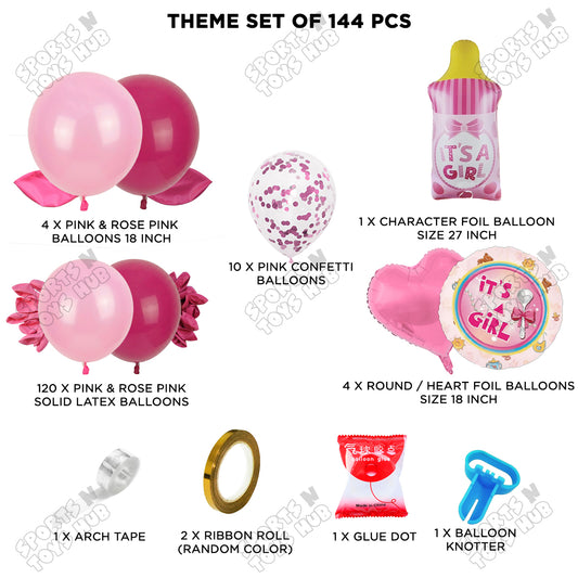 Baby Girl Pink Color Feeder Character Foil Balloon Set Arch Kit Theme – Pack of 144 | Baby Shower Balloon Garland