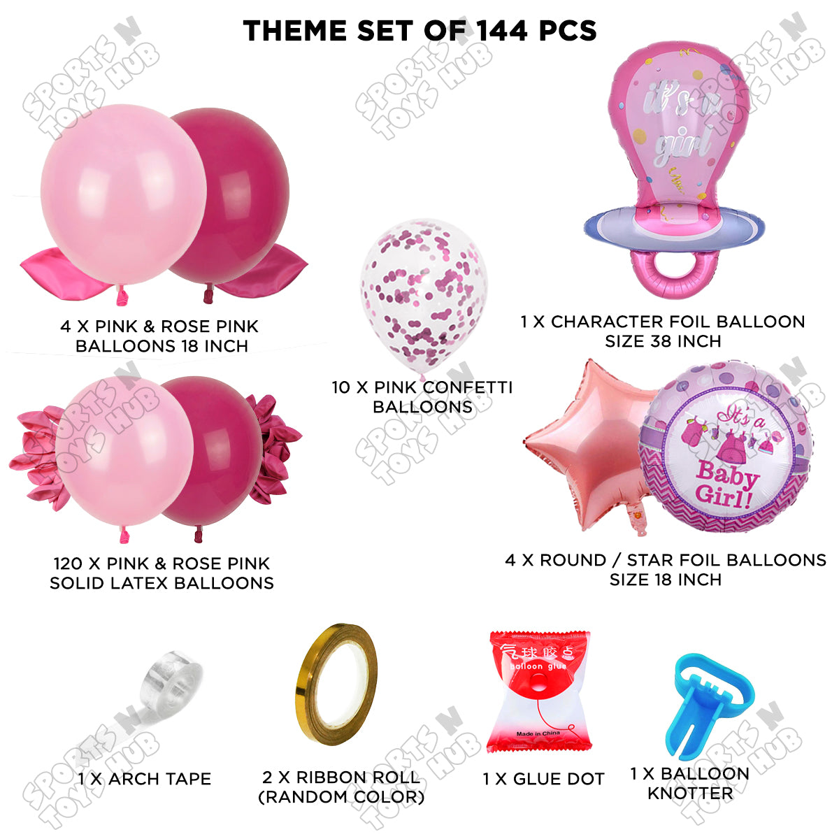 Baby Girl Pink Color Pacifier Character Foil Balloon Set Arch Kit Theme – Pack of 144 | Baby Shower Balloon Garland