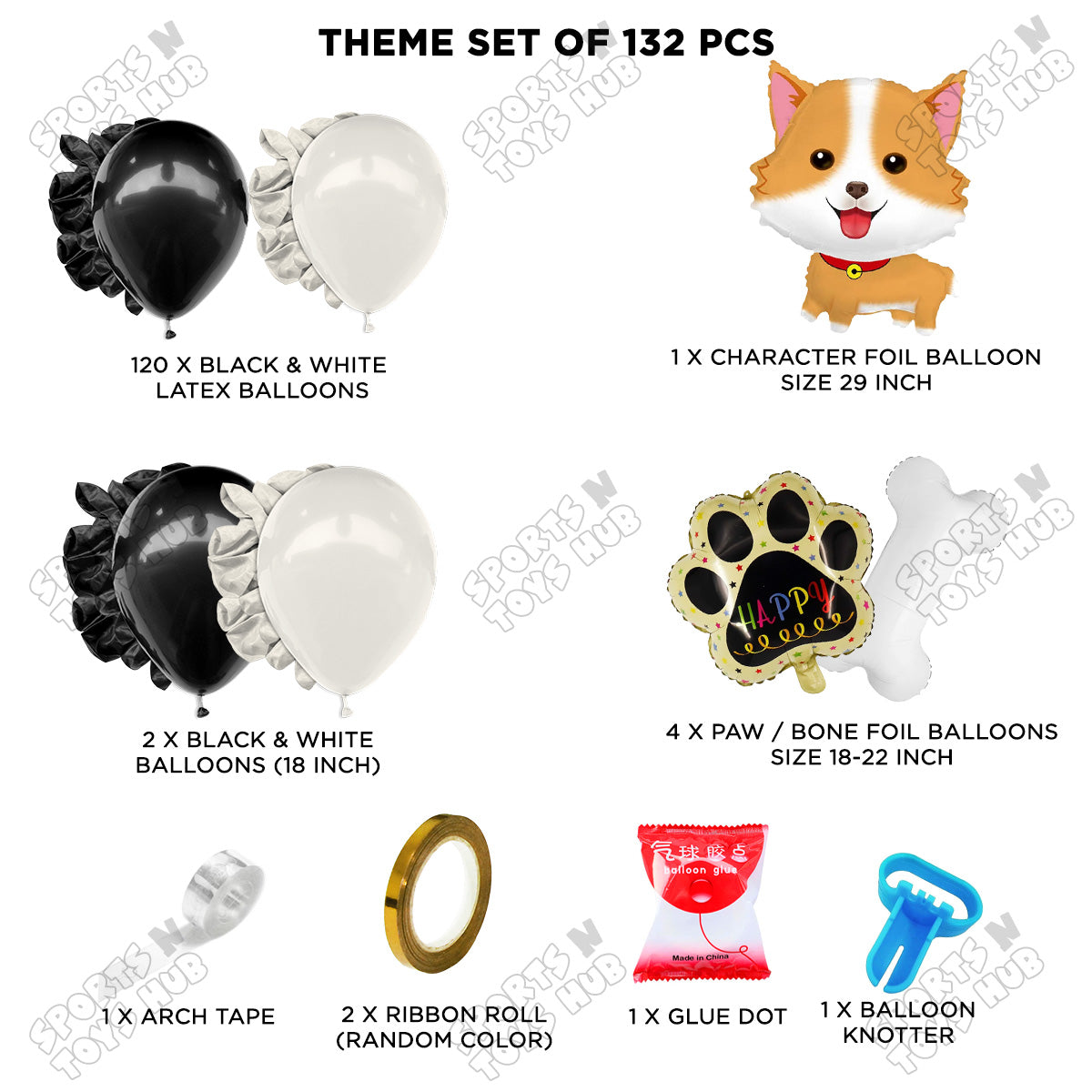 Black & White Balloon Arch Garland Theme Kit with Cartoon Dog Puppy Foil Balloon Set – 132 Pcs Puppy Birthday Party Decorations for Kids, Boys & Girls