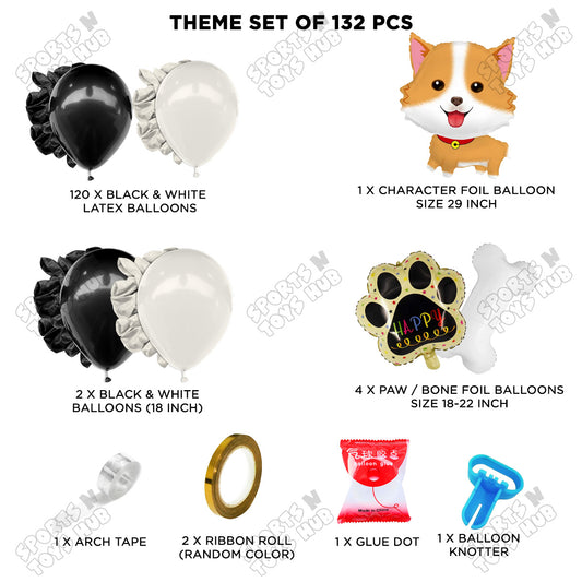 Black & White Balloon Arch Garland Theme Kit with Cartoon Dog Puppy Foil Balloon Set – 132 Pcs Puppy Birthday Party Decorations for Kids, Boys & Girls