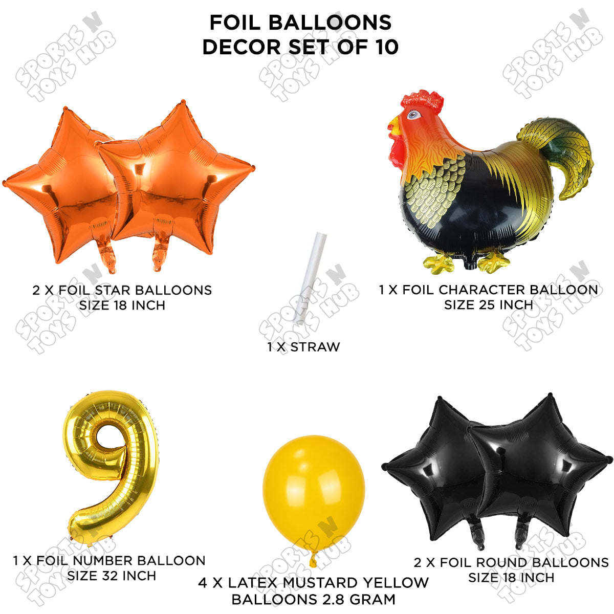 Chicken Cartoon Foil Pack Of 10 Balloon Set With 32 Inch Foil Number Balloon
