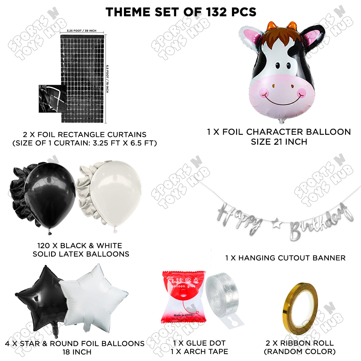 Cow Face Foil Balloon Set Pack of 5 with Happy Birthday Cursive Card Banner – Farm Animal Birthday Party Decorations, Barnyard Theme Balloon Arch Kit for Kids, Boys, Girls & Baby Shower