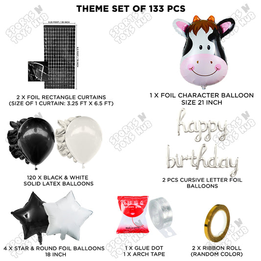 Cow Face Foil Balloon Set Pack of 5 with Happy Birthday Cursive Foil Letter Banner – Farm Animal Birthday Party Decoration Kit for Kids, Boys, Girls, Baby Shower & Barnyard Theme Balloon Arch