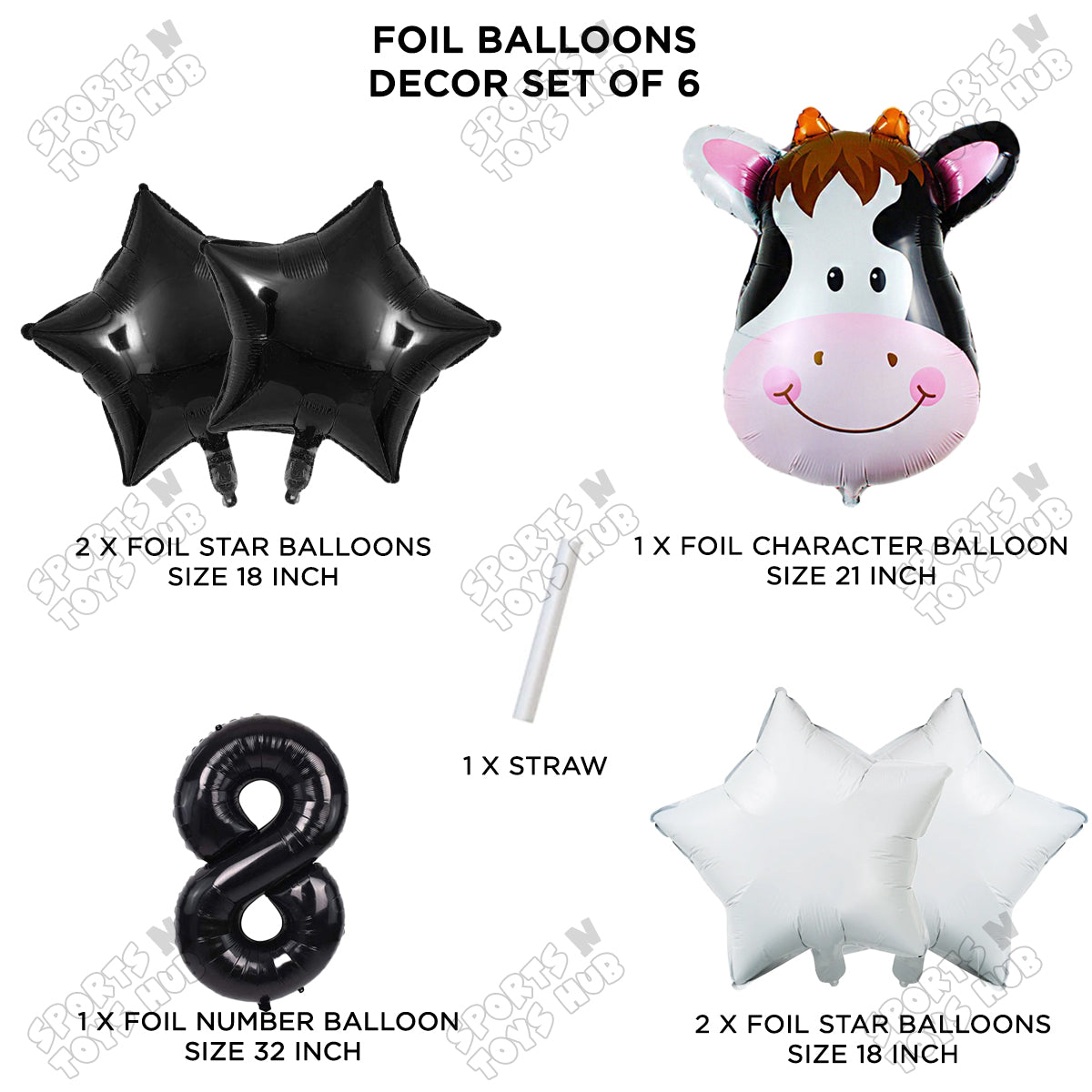 Cow Face Pack Of 6 Foil Balloon Set With 32 Inch Foil Number