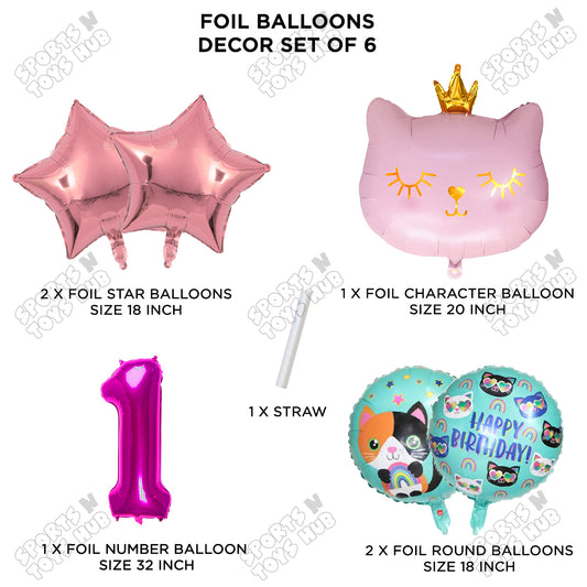 Cartoon Crown Pink Kitten Cat Pack Of 6 Character Foil Balloon