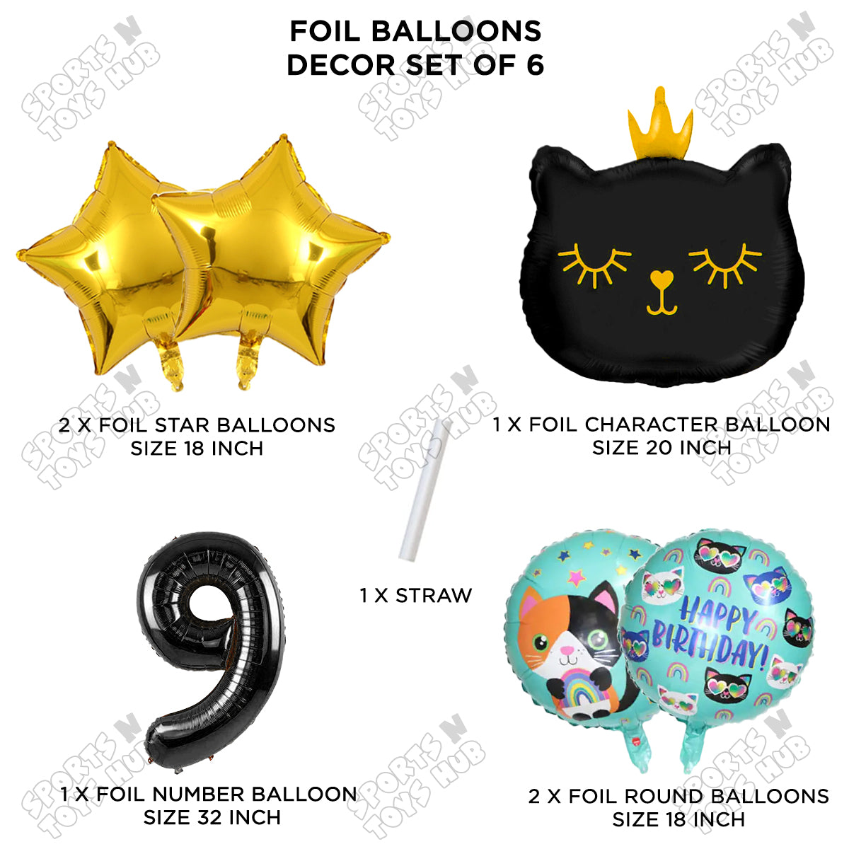 Cartoon Crown Kitten Cat Pack Of 6 Character Foil Balloon