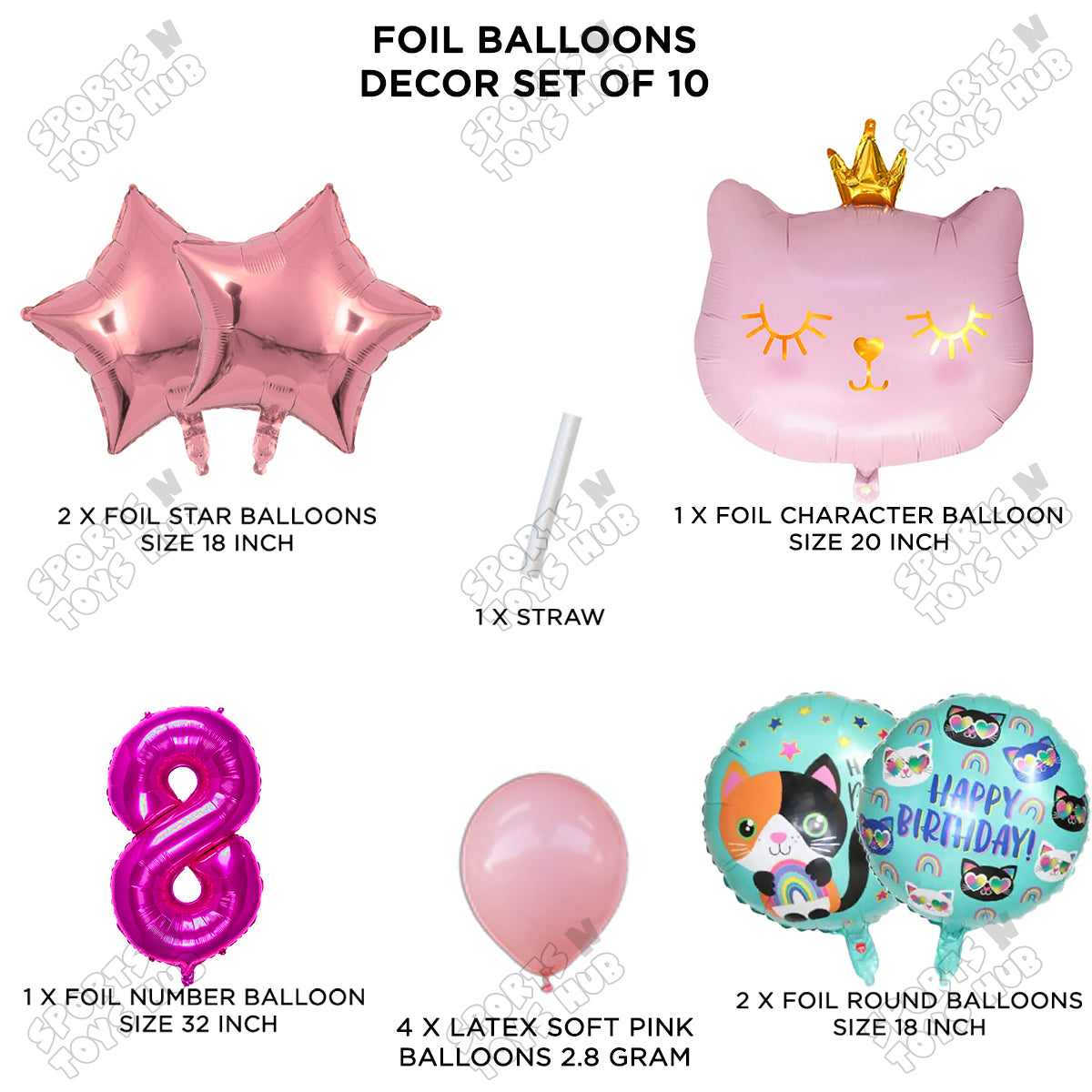 Cartoon Character Crown Pink Kitten Cat Foil Balloon - Pack Of 10
