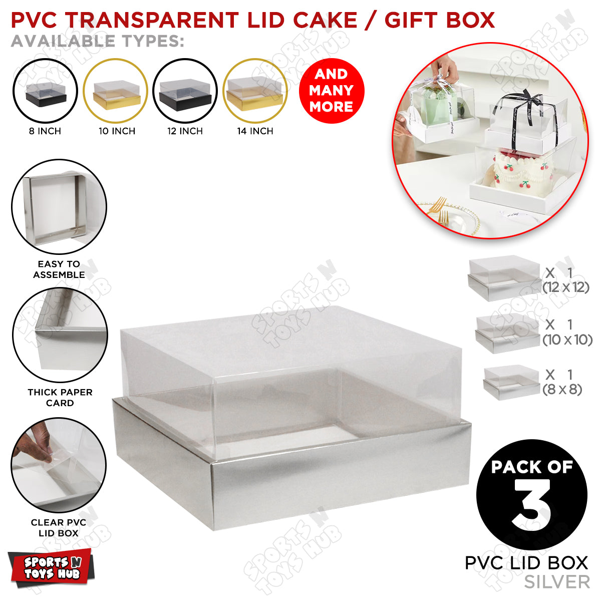 Transparent PVC Lid Multi Purpose Cake, Gift or Display Boxes Elegant and Sleek - Imported Set Of 3 Sizes