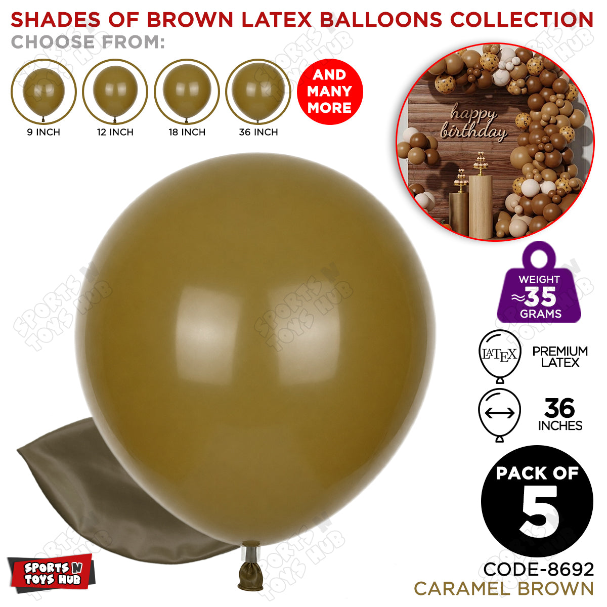 Caramel Brown Latex Balloons Available In 9, 12, 18 & 36 Inch Sizes