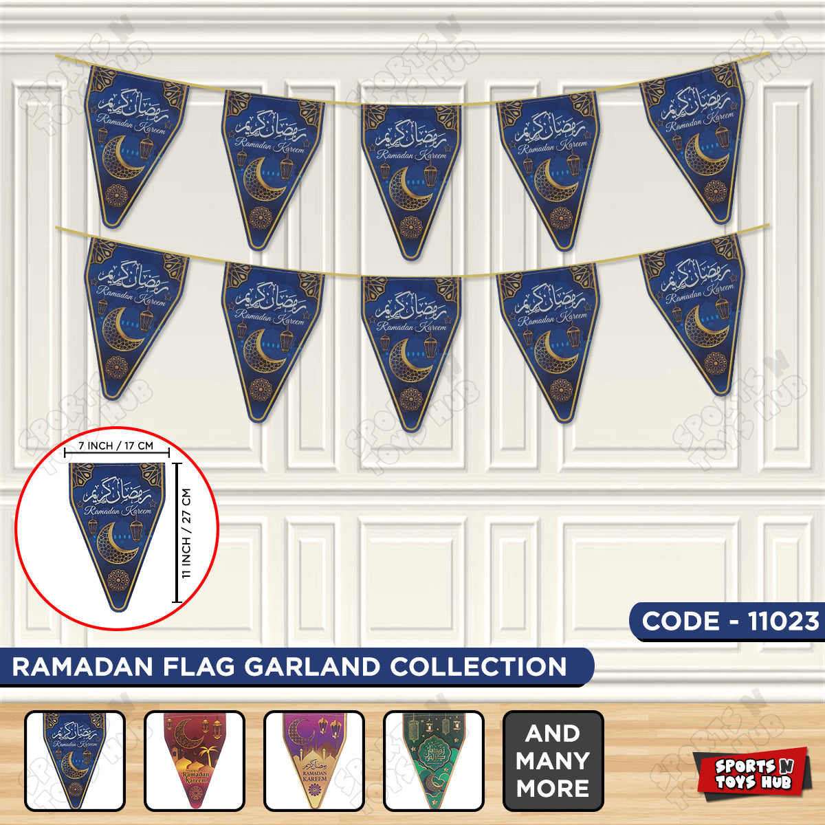 Ramadan Kareem Sapphire Blue Flag Triangle Banner