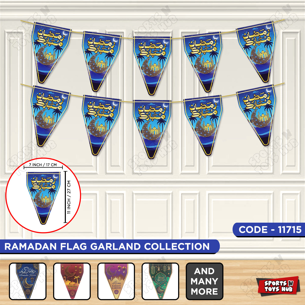 Ramadan Kareem Sapphire Blue Flag Triangle Banner