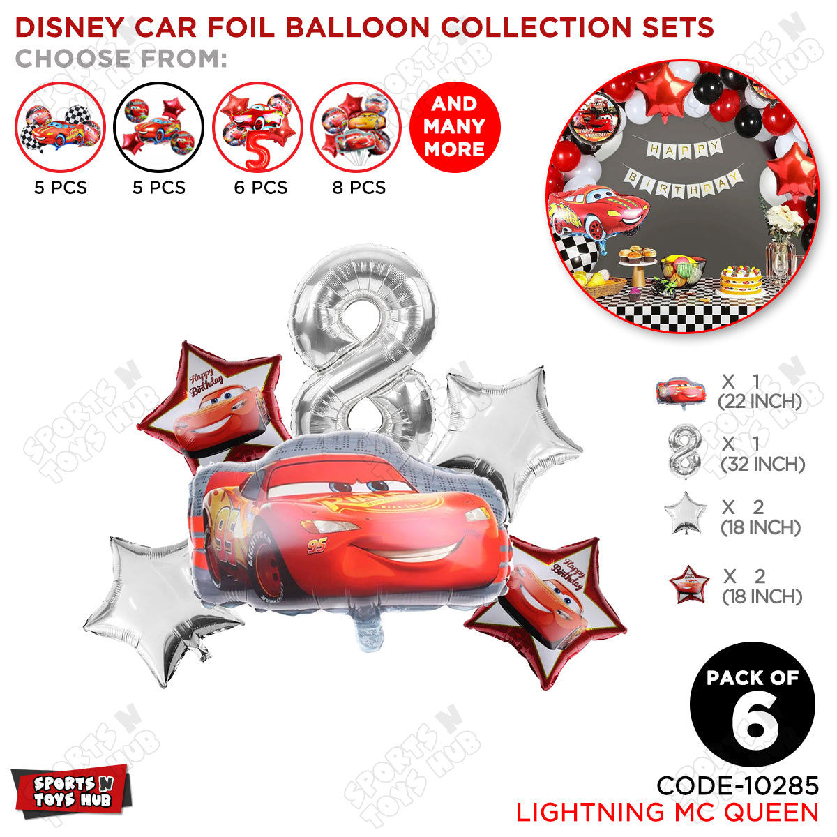 Mc-Queen Foil Balloon Set With Number Collection - Pack Of 6