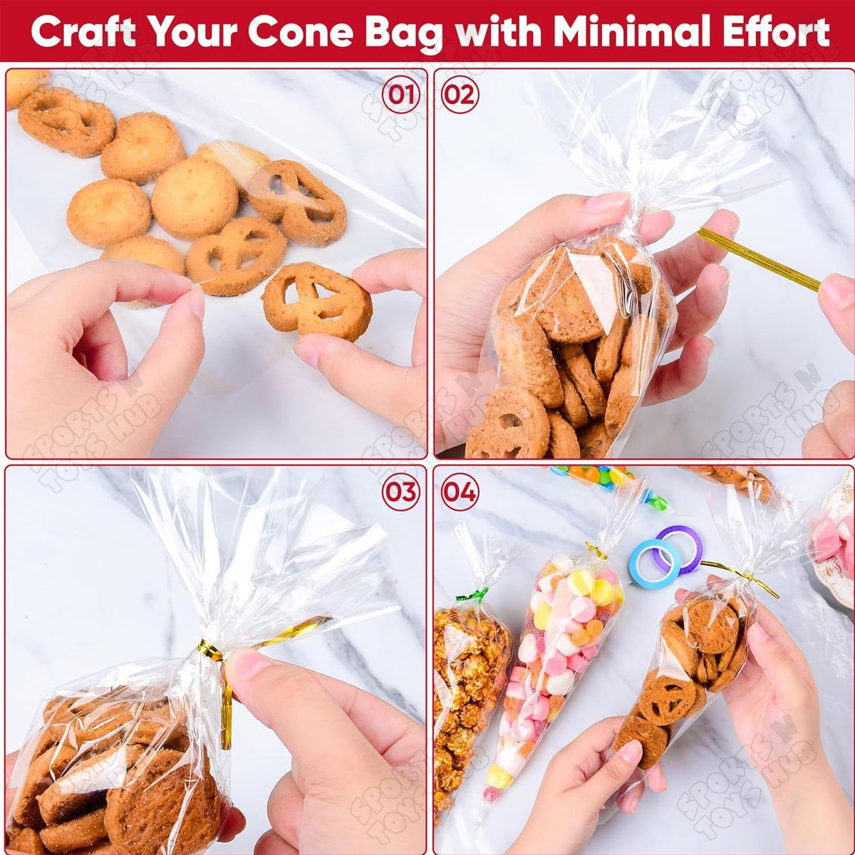 Transparent Cellophane Cone Sweets Treat Bags With Gold Twist Ties for Nikkah Bid, Birthday Favours