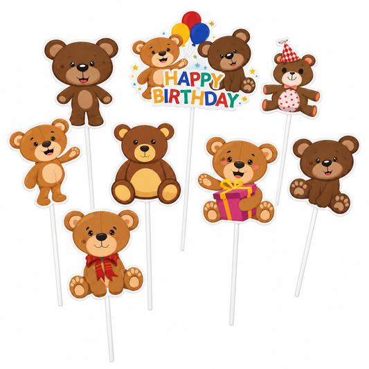 Cartoon Characters HBD Teddy Bear Cake Topper - 8 Pcs