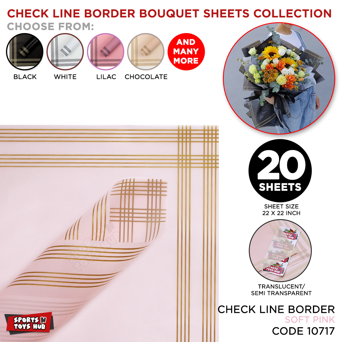 Flower Sheet Check Line Border Style, Floral Gifting Sheets Bouquet, Wrapping Paper Collections