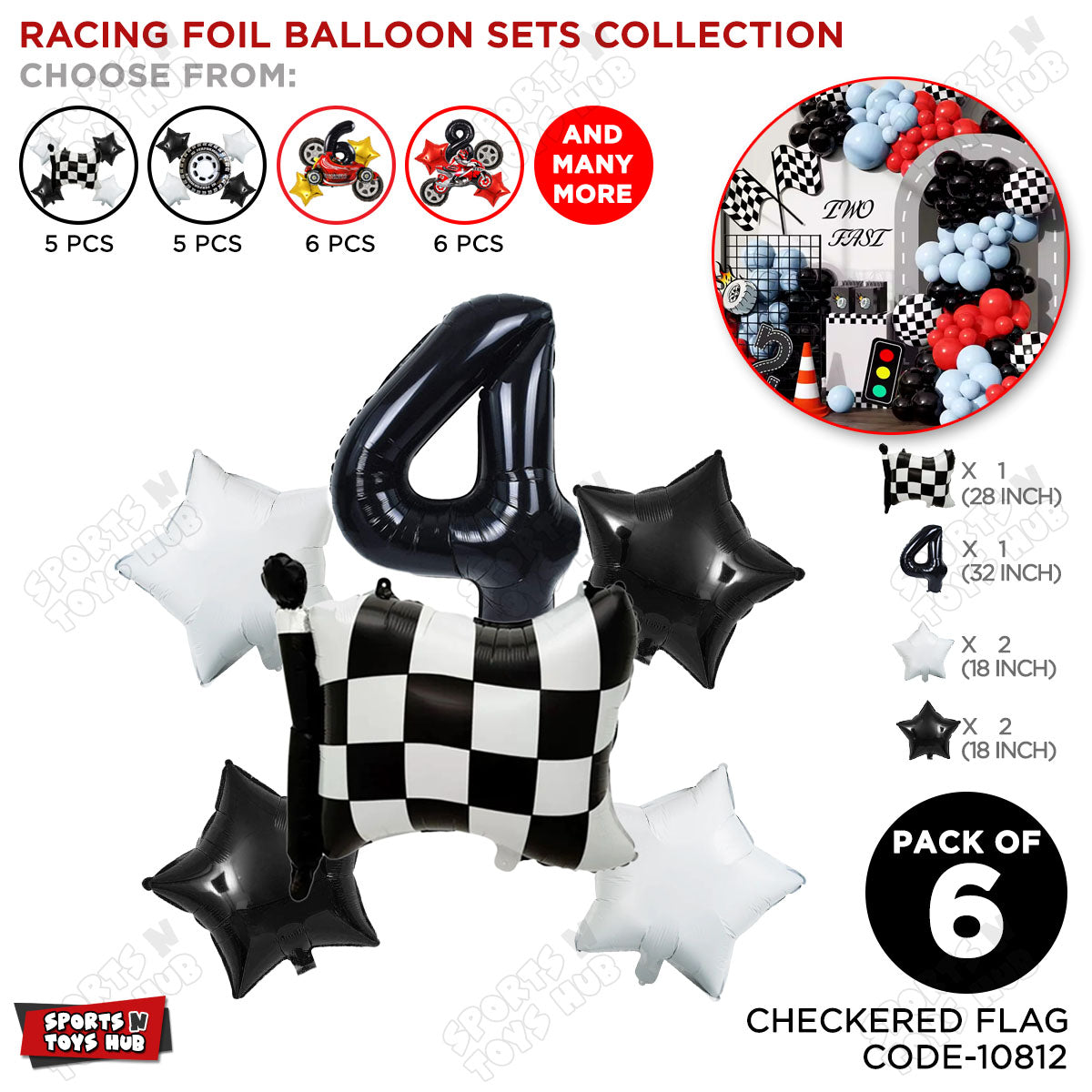 Checkered Flag Foil Balloon Set With Number Collection - Pack Of 6