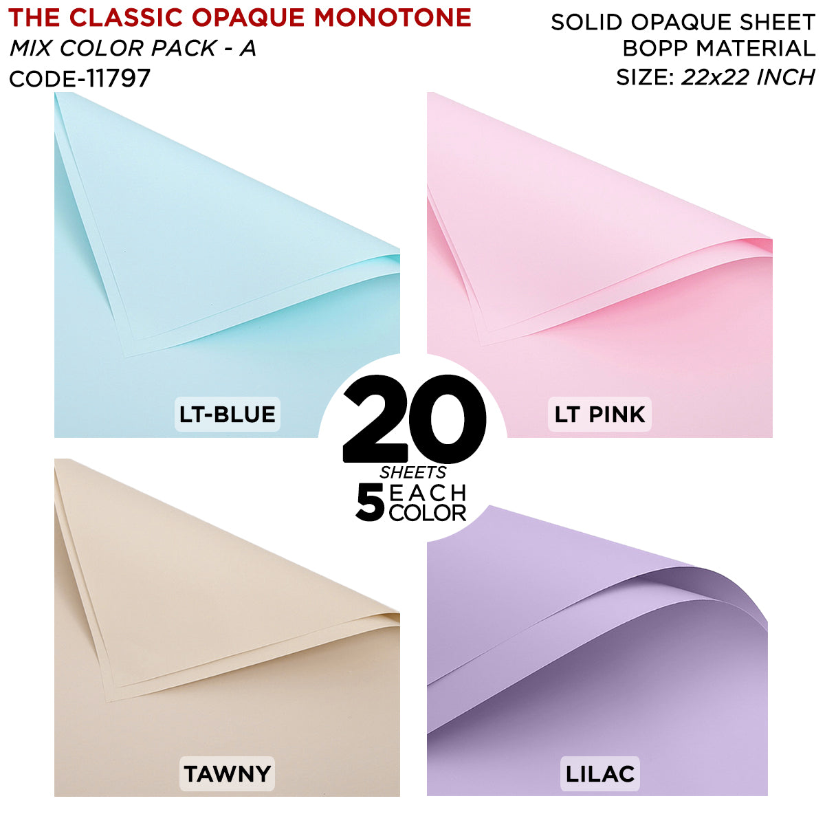 The Classic Opaque Monotone Plain Solid Color Opaque Mate Bouquet Sheets, Mix Color 20 Sheet Pack