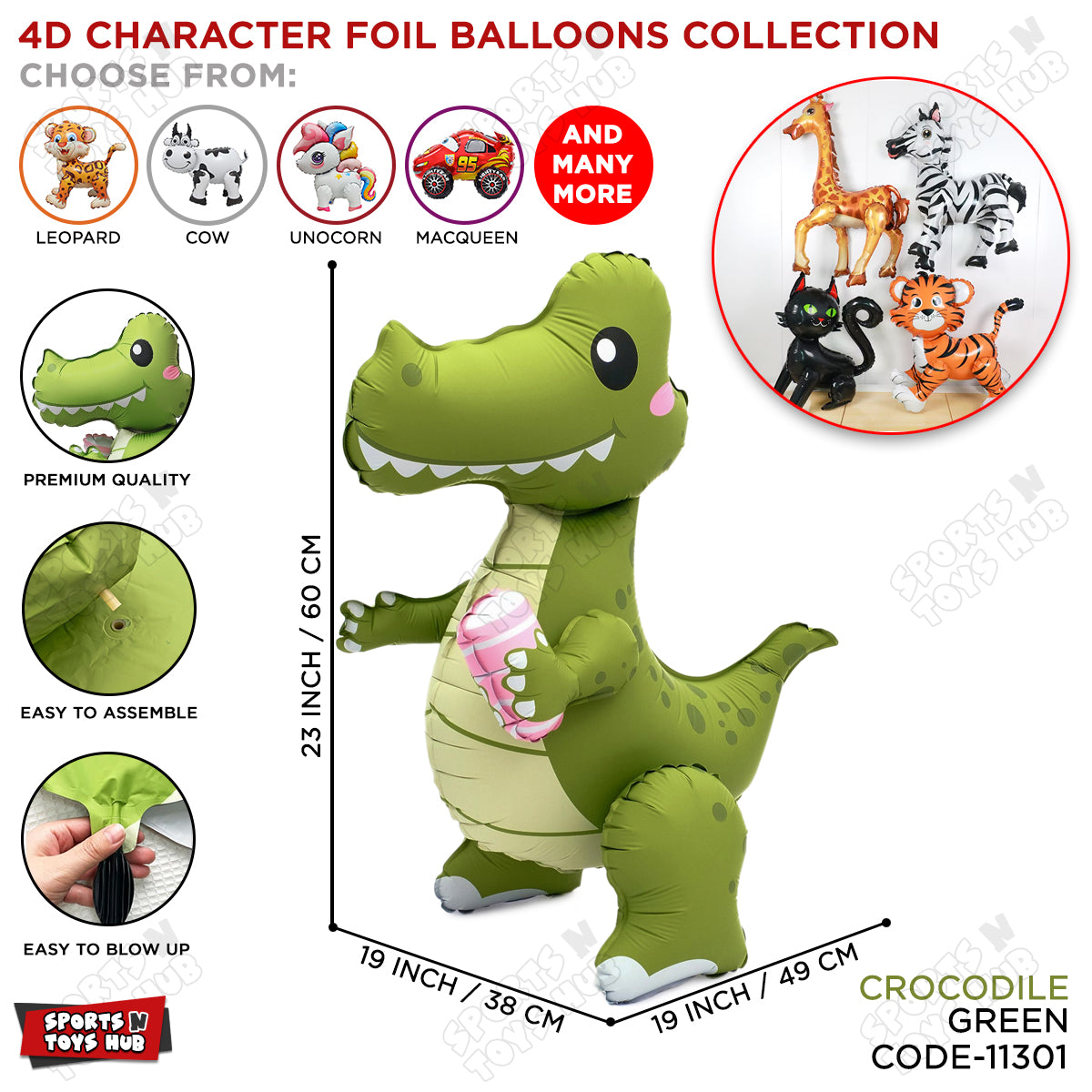 4D Crocodile Foil Balloon - 60x49 CM
