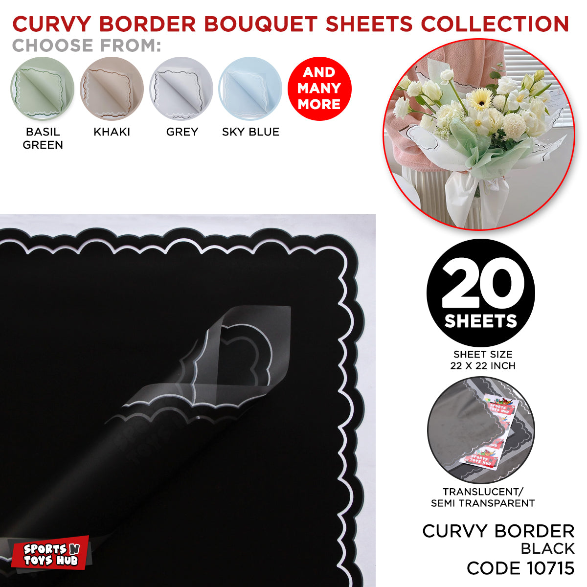 Flower Sheet Curvy Border Style, Wrapping Paper, Floral Gifting Sheets Bouquet Collection