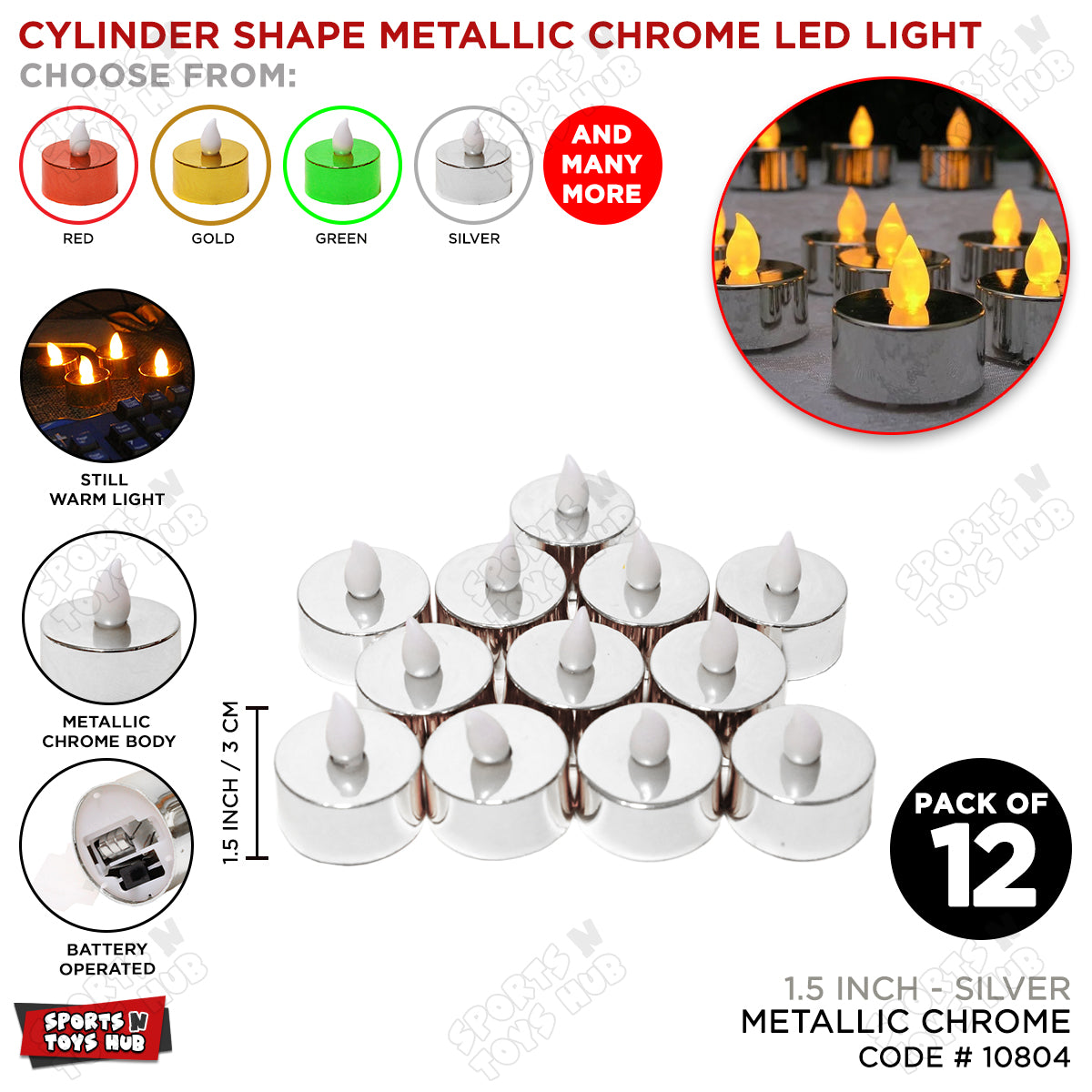 Cylinder Shape Metallic Chrome LED Light - 12 Pcs