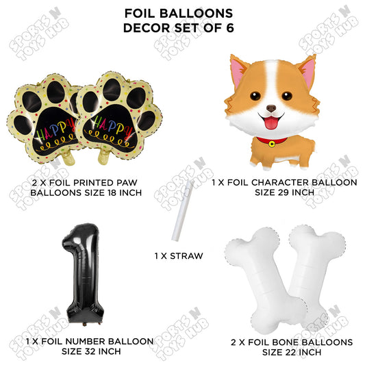 Dog Theme Party Foil Balloon Decoration Set Pack of 6 with 32 Inch Number Foil Balloon – Puppy Birthday Party Balloons for Boys & Girls