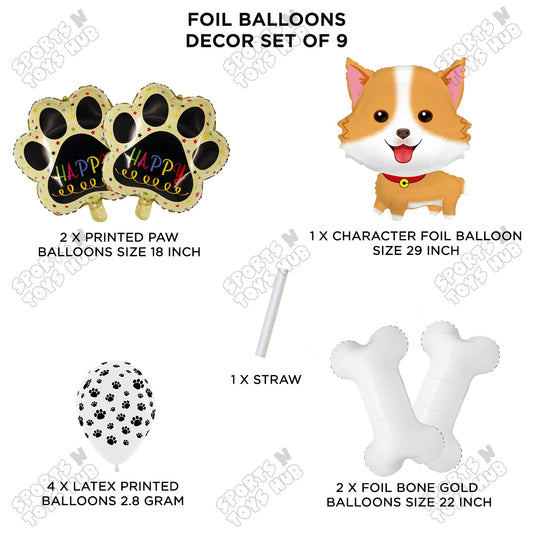 Cute Dog Puppy Cartoon Foil Balloon Set Pack of 9 – Printed Paw & Puppy Character Birthday Balloons for Boys, Girls & Kids Celebration