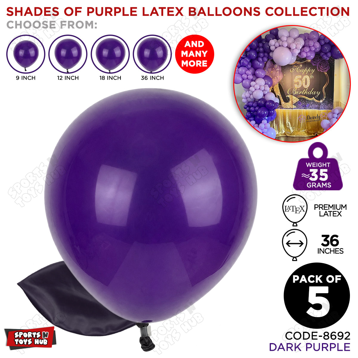Dark Purple Latex Balloons Available In 9, 12, 18 & 36 Inch Sizes