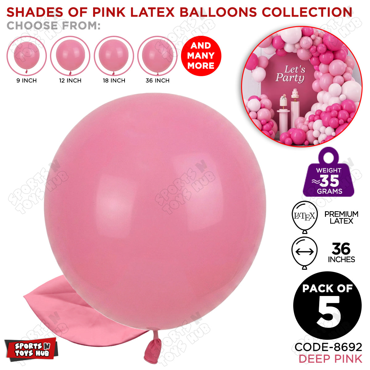 Deep Pink Latex Balloons Available In 9, 12, 18 & 36 Inch Sizes