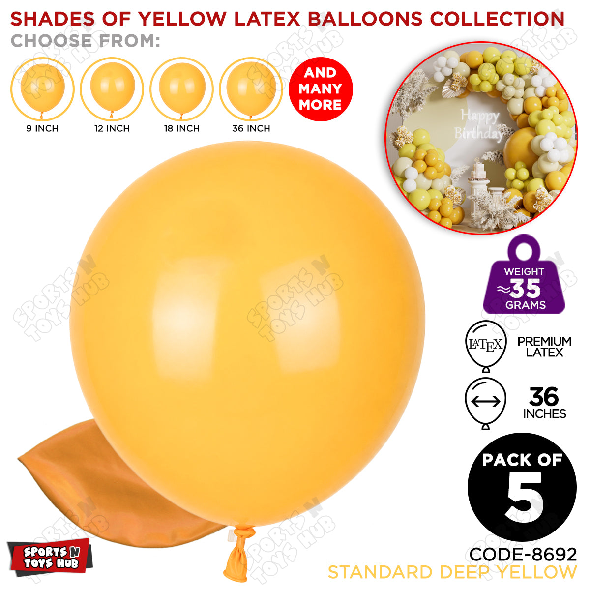 Deep Yellow Latex Balloons Available In 9, 12, 18 & 36 Inch Sizes