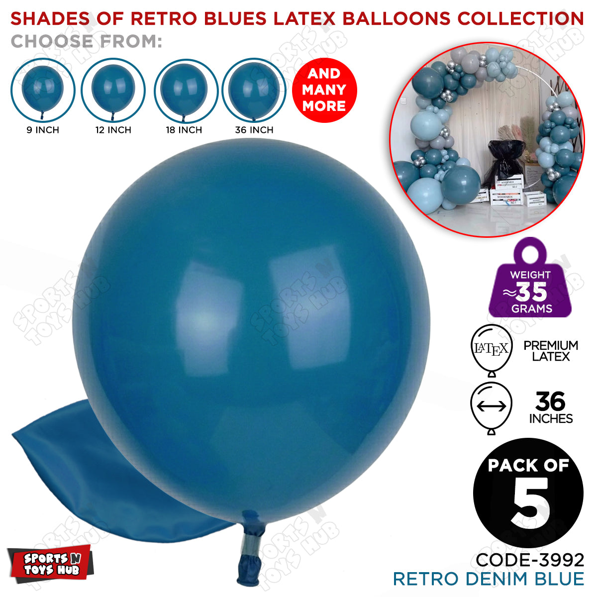 Denim Blue Latex Balloons Available In 12, 18 & 36 Inch Sizes
