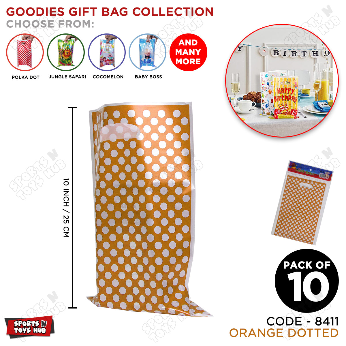 Polka Dot Goodies Gift Bags - 10 Pcs - Orange