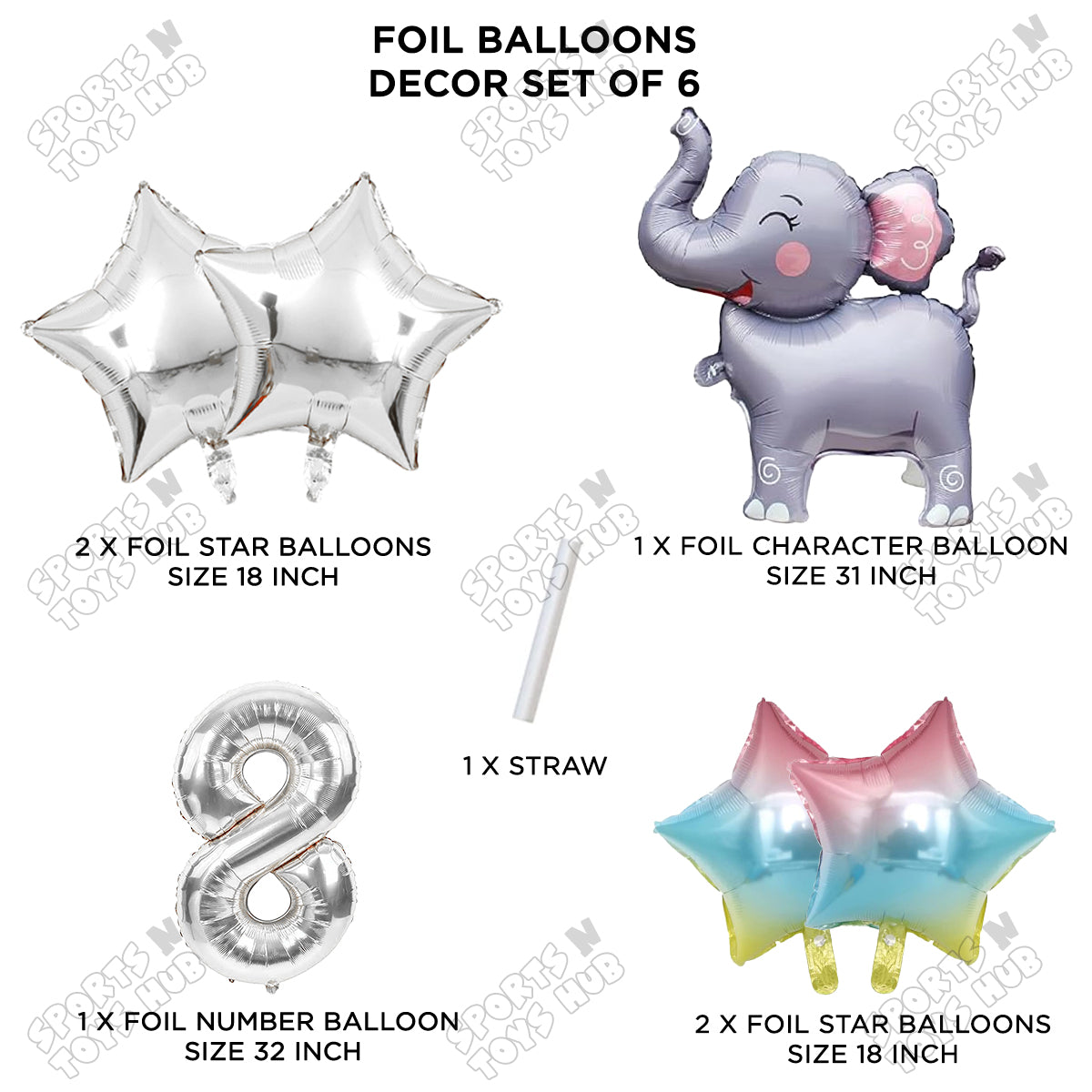 Jungle Safari Elephant Pack Of 6 Foil Balloon Set