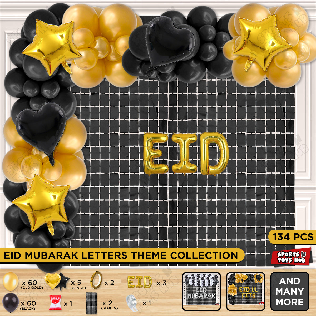 134 Pcs Eid Gold Foil Balloon Arch Theme Collection