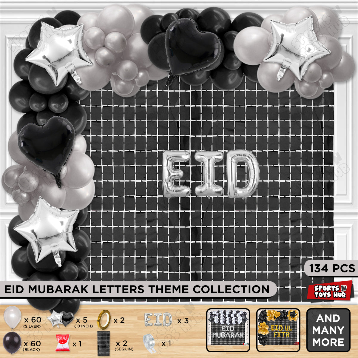 134 Pcs Eid Silver Foil Balloon Arch Theme Collection