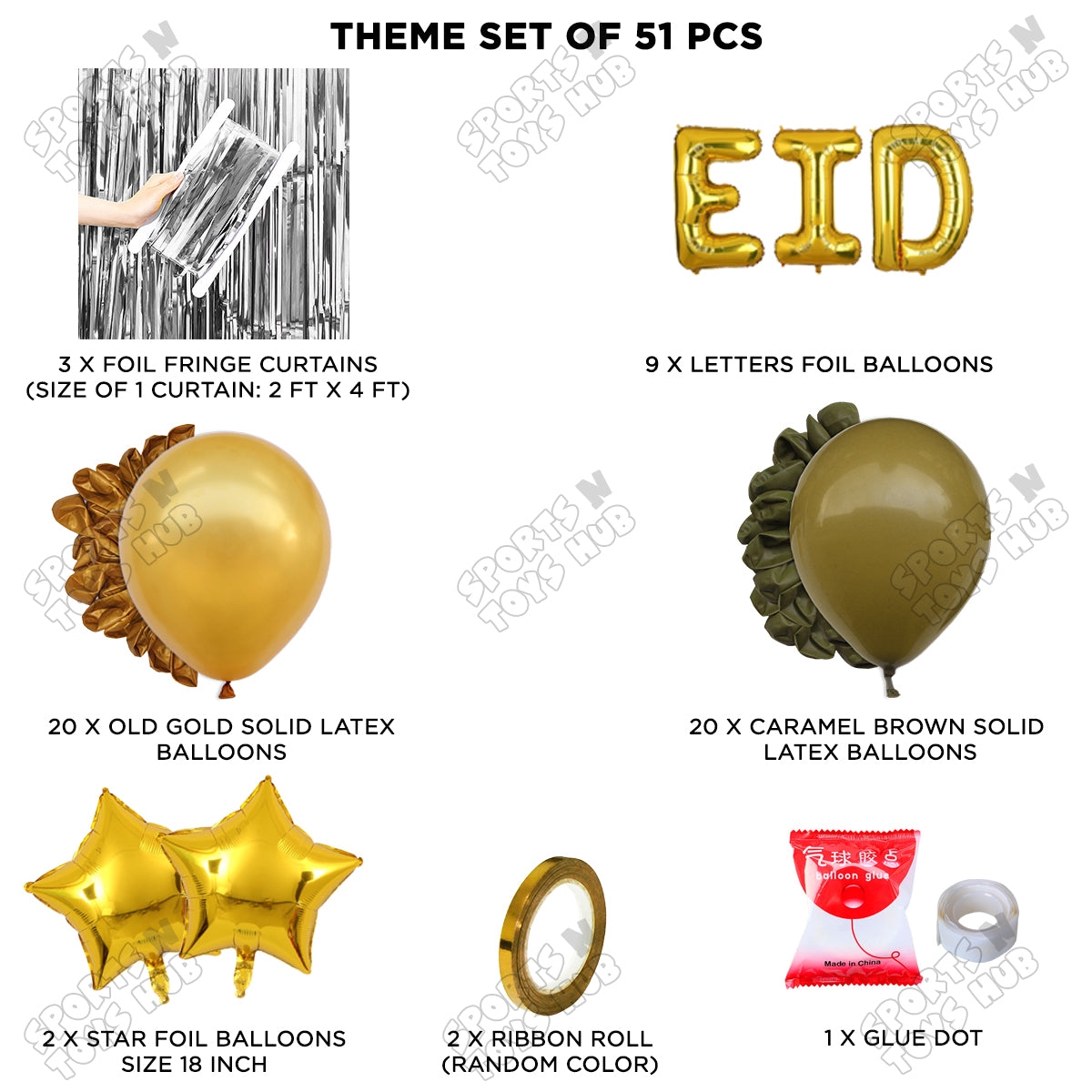 51 Pcs Eid Gold Foil Balloon Curtain Theme Collection