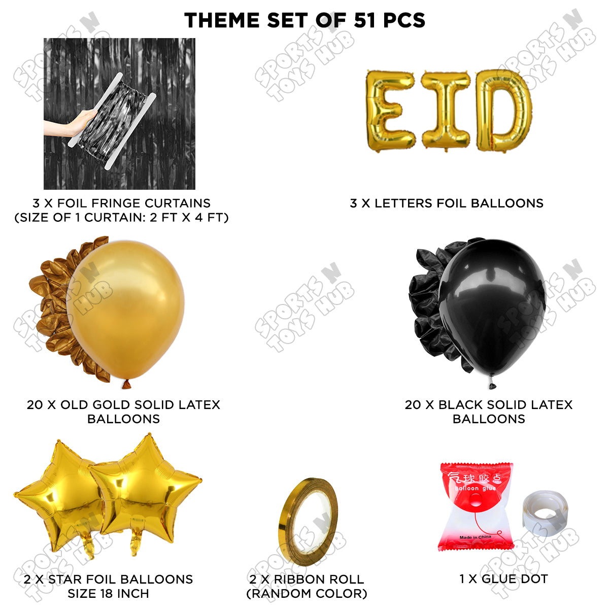 51 Pcs Eid Gold Foil Balloon Curtain Theme Collection