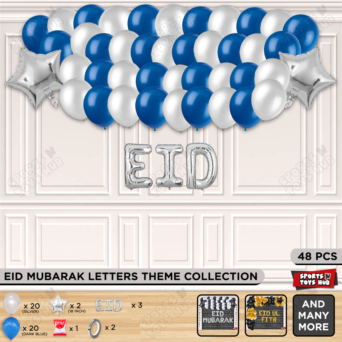 48 Pcs Eid Silver Foil Balloon Garland Theme Collection