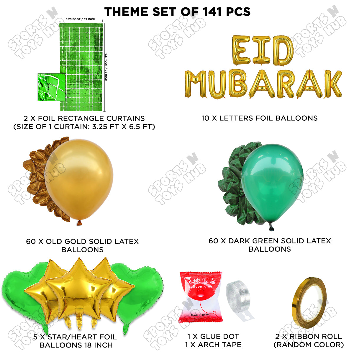 141 Pcs Eid Mubarak Gold Foil Balloon Arch Theme Collection