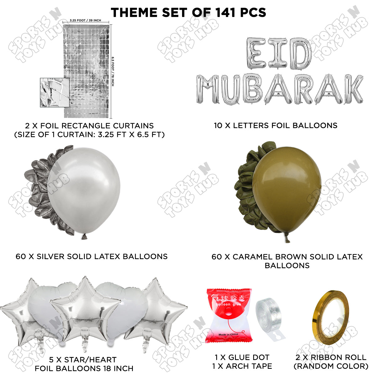 141 Pcs Eid Mubarak Silver Foil Balloon Arch Theme Collection