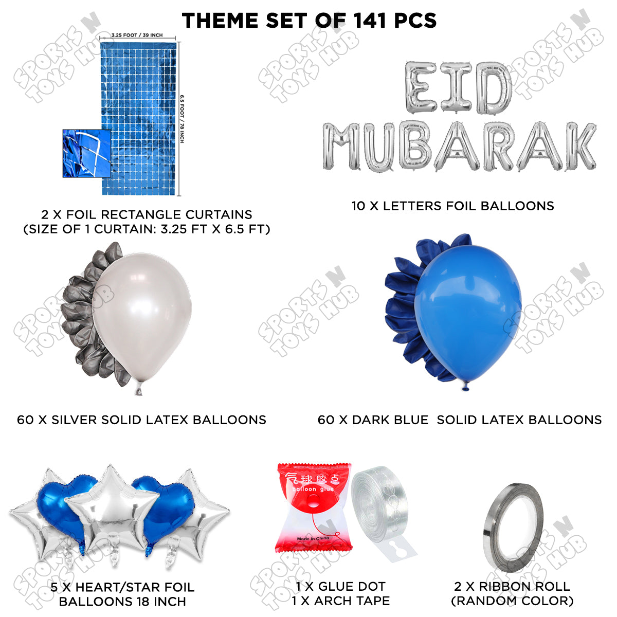 141 Pcs Eid Mubarak Silver Foil Balloon Arch Theme Collection