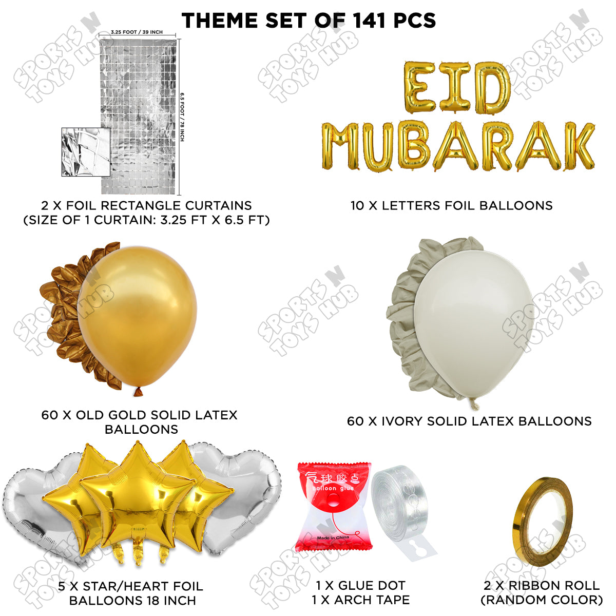 141 Pcs Eid Mubarak Gold Foil Balloon Arch Theme Collection