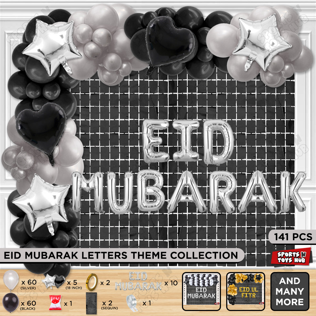 141 Pcs Eid Mubarak Silver Foil Balloon Arch Theme Collection