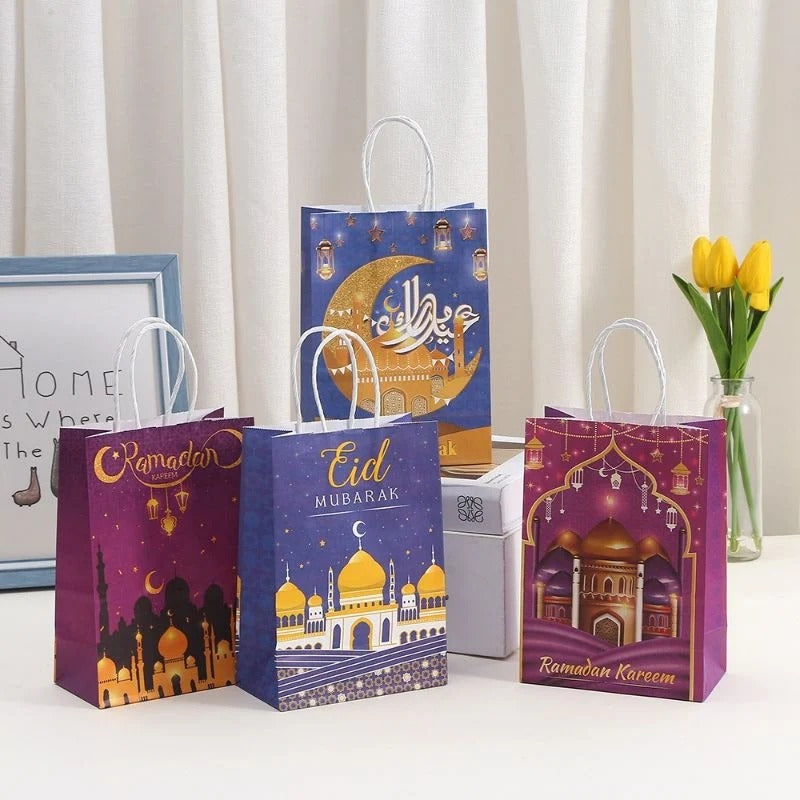 Eid Mubarak Printed Kraft Paper Gift Bags - Pack of 12